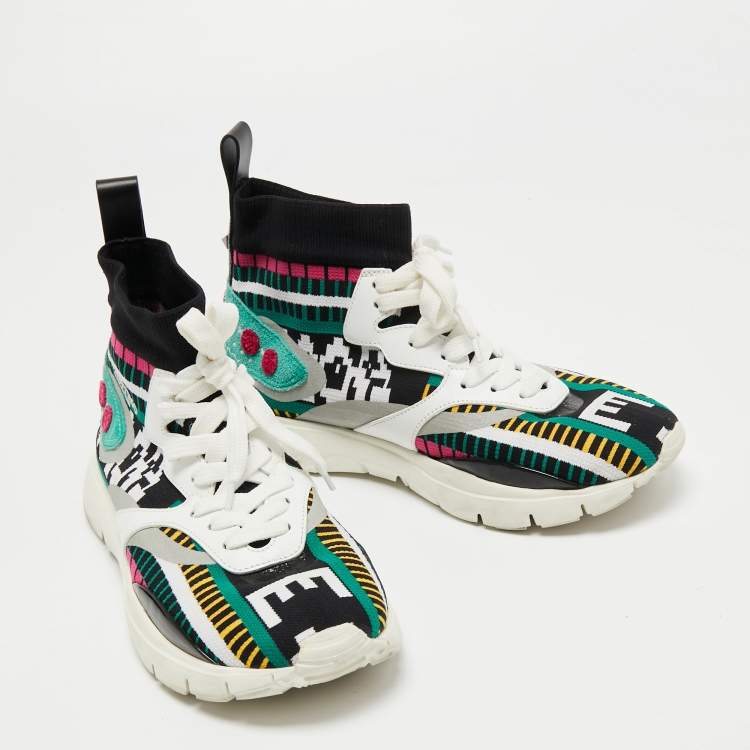 Pre Owned Valentino Multicolor Fabric and  Leather Lace Up Sneakers Size 40