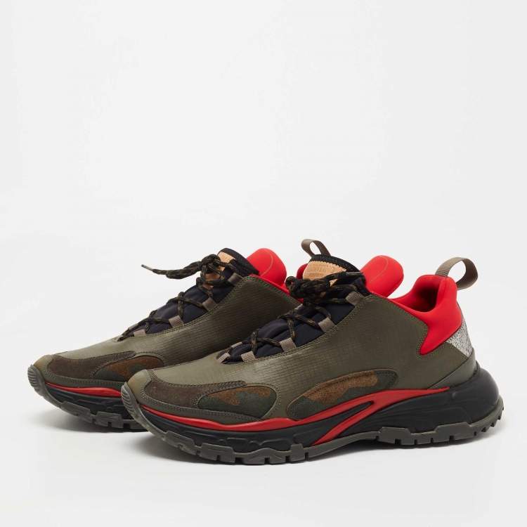 Pre Owned Valentino Green/Red Fabric and Leather Bounce Sneakers Size 44