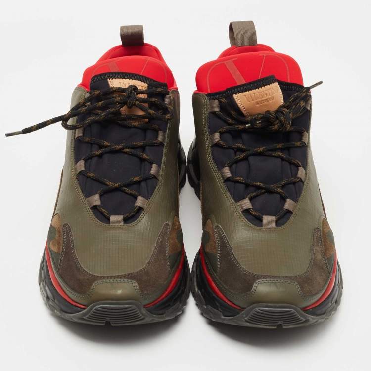 Pre Owned Valentino Green/Red Fabric and Leather Bounce Sneakers Size 44