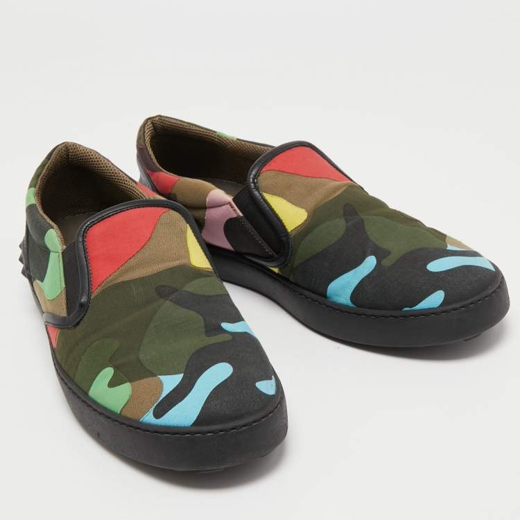 Pre Owned Valentino Multicolor Camouflage Print Canvas And Leather Slip On Sneakers Size 42