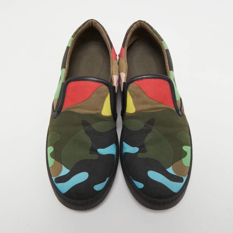 Pre Owned Valentino Multicolor Camouflage Print Canvas And Leather Slip On Sneakers Size 42