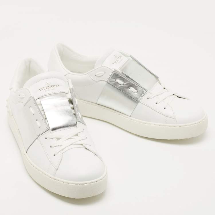 Pre Owned Valentino White/Silver Leather Open Sneakers Size 41