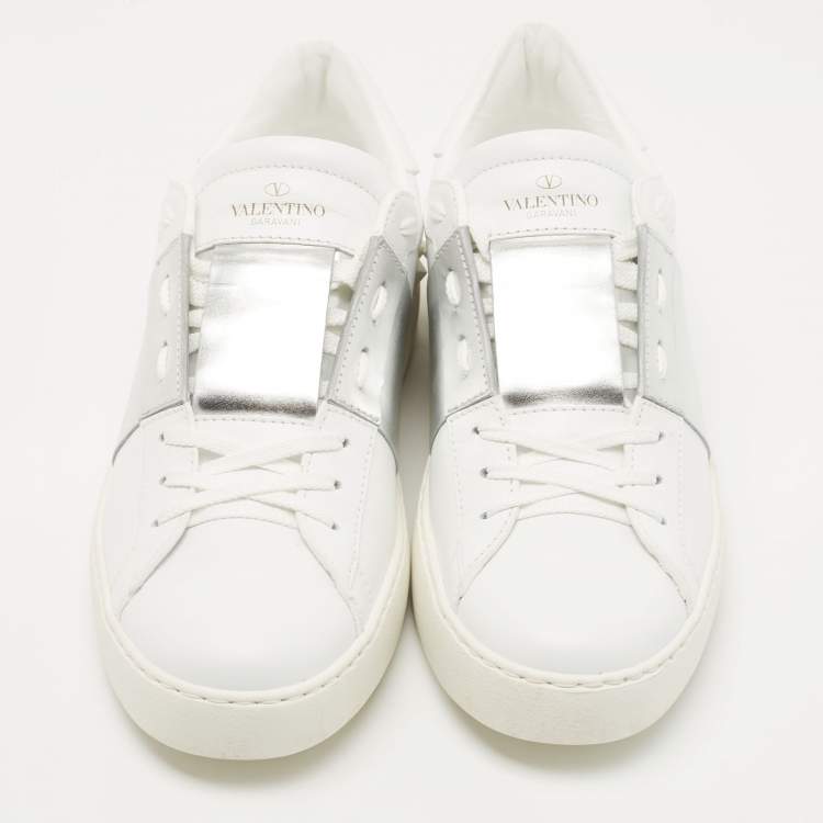 Pre Owned Valentino White/Silver Leather Open Sneakers Size 41