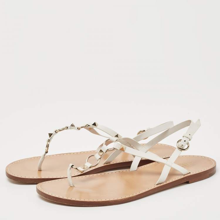 Pre Owned Valentino White Leather Ankle Strap Flat Sandals Size 40
