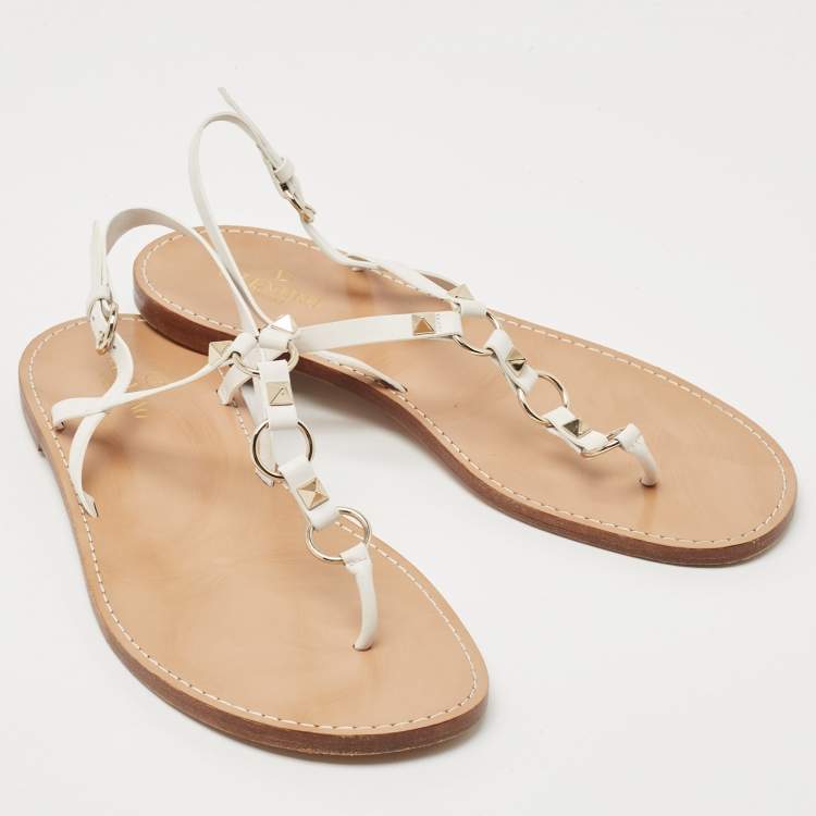 Pre Owned Valentino White Leather Ankle Strap Flat Sandals Size 40