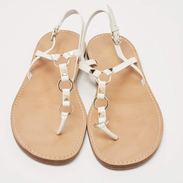 Pre Owned Valentino White Leather Ankle Strap Flat Sandals Size 40