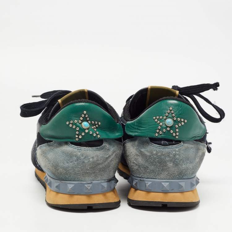 Pre Owned Valentino Multicolor Suede and Canvas Rockrunner Star Studded Low Top Sneakers Size 45