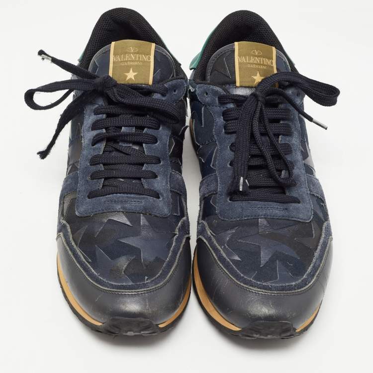 Pre Owned Valentino Multicolor Suede and Canvas Rockrunner Star Studded Low Top Sneakers Size 45