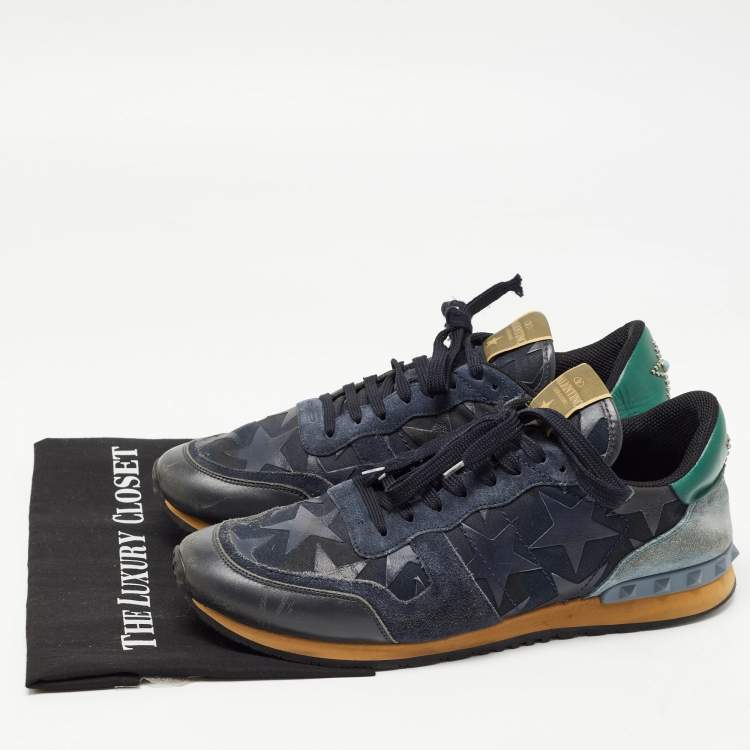 Pre Owned Valentino Multicolor Suede and Canvas Rockrunner Star Studded Low Top Sneakers Size 45
