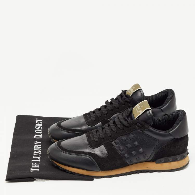 Pre Owned Valentino Black Leather and Suede Rockrunner Trainer Sneakers Size 43