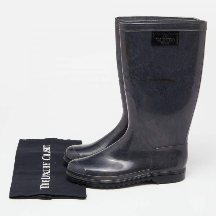Pre Owned Valentino Grey Lace Print Rubber Rain Boots Size 38