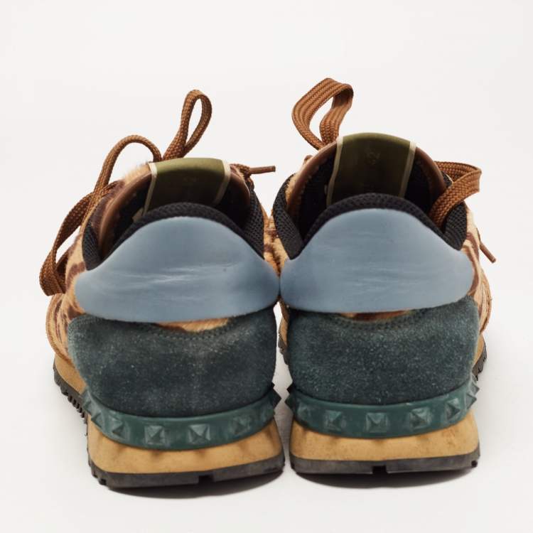 Pre Owned Valentino Tricolor Leopard Print Calf Hair and Leather Rockrunner Sneakers Size 42