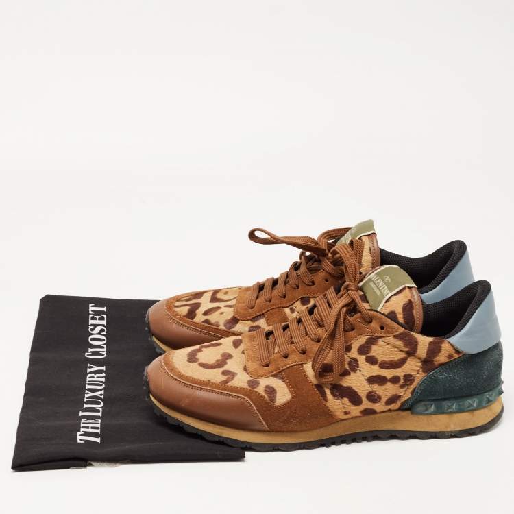 Pre Owned Valentino Tricolor Leopard Print Calf Hair and Leather Rockrunner Sneakers Size 42