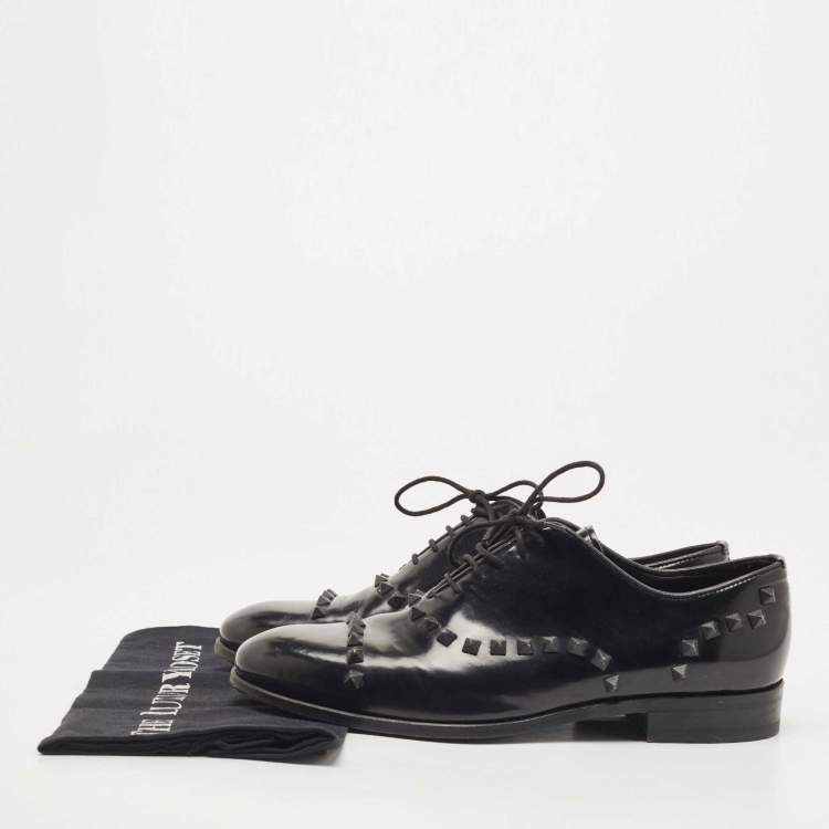 Pre Owned Valentino Black Leather Rockstud Lace Up Oxfords Size 41