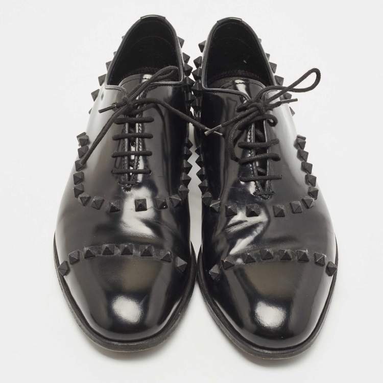 Pre Owned Valentino Black Leather Rockstud Lace Up Oxfords Size 41