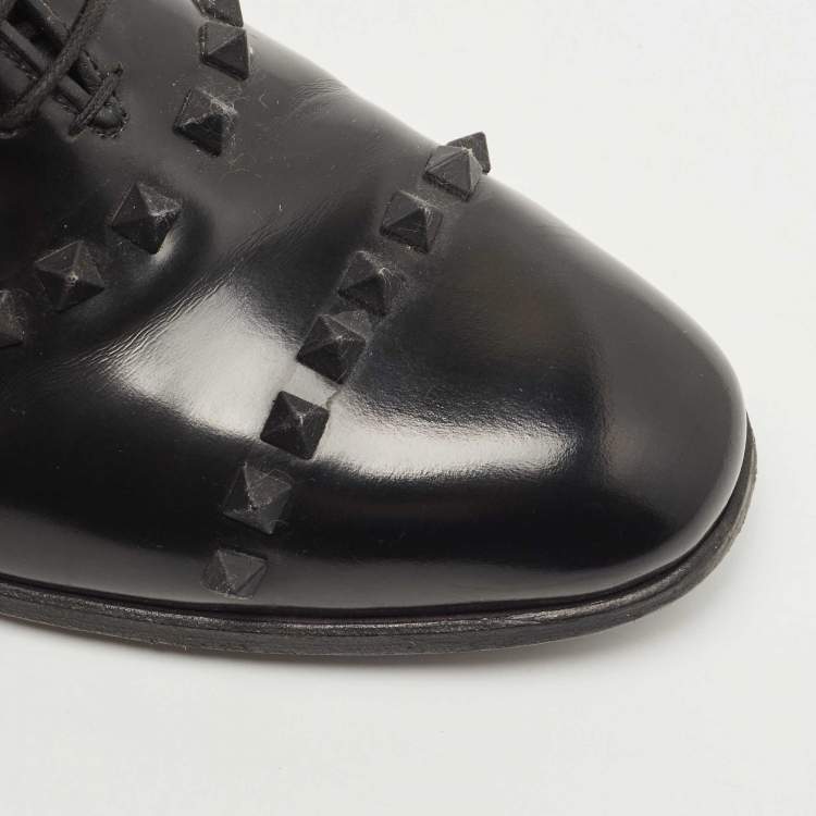 Pre Owned Valentino Black Leather Rockstud Lace Up Oxfords Size 41