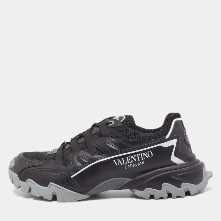 Pre Owned Valentino Black/White Leather And Mesh Climbers Low Top Sneakers Size EU 45