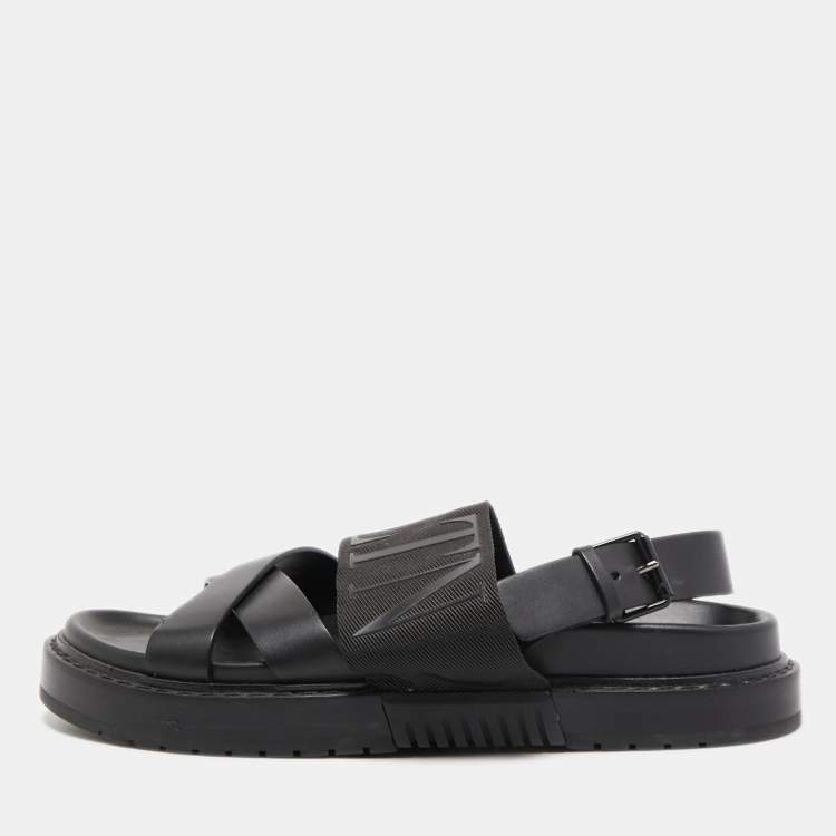 Pre Owned Valentino Black Leather and Nylon VLTN Cross Strap Sandals Size 42
