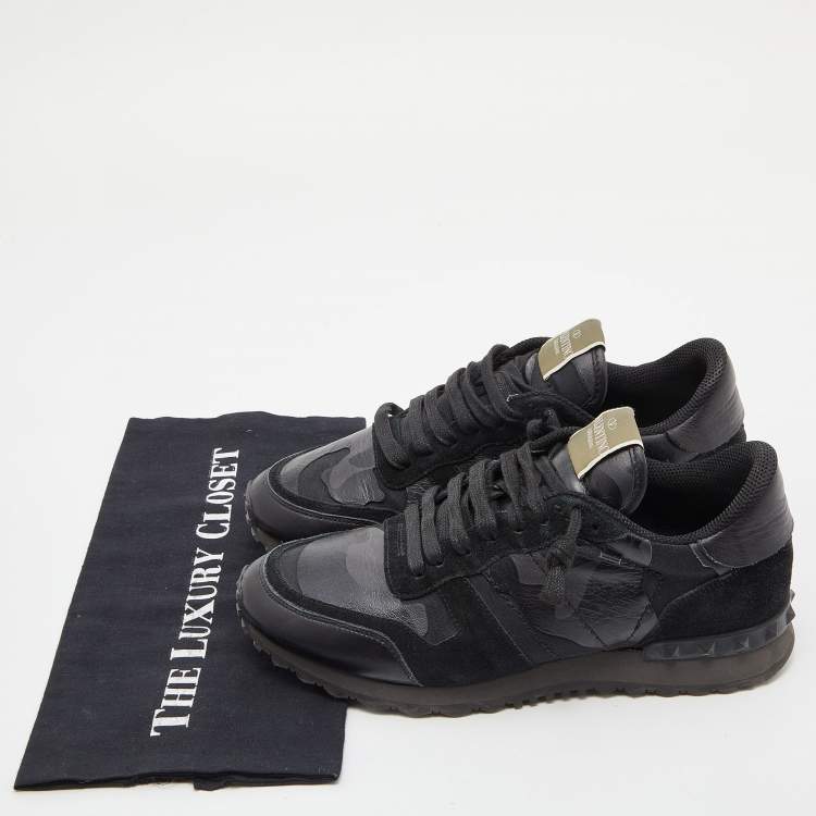 Pre Owned Valentino Black Camouflage Print Leather and Suede Rockrunner Low-Top Sneakers Size 40