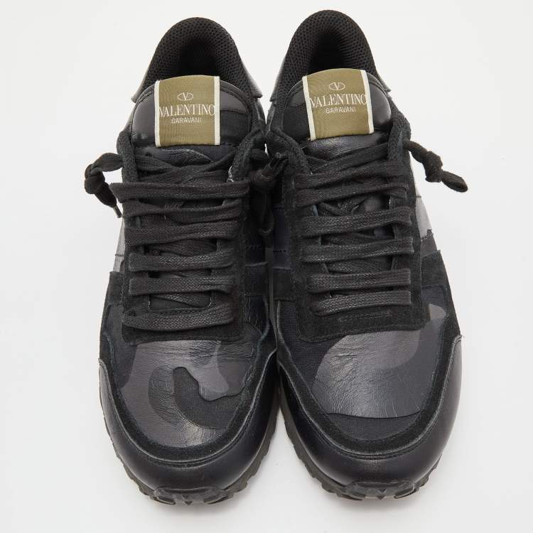 Pre Owned Valentino Black Camouflage Print Leather and Suede Rockrunner Low-Top Sneakers Size 40
