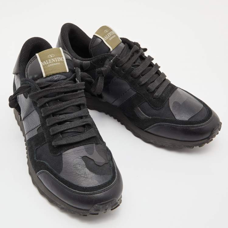 Pre Owned Valentino Black Camouflage Print Leather and Suede Rockrunner Low-Top Sneakers Size 40