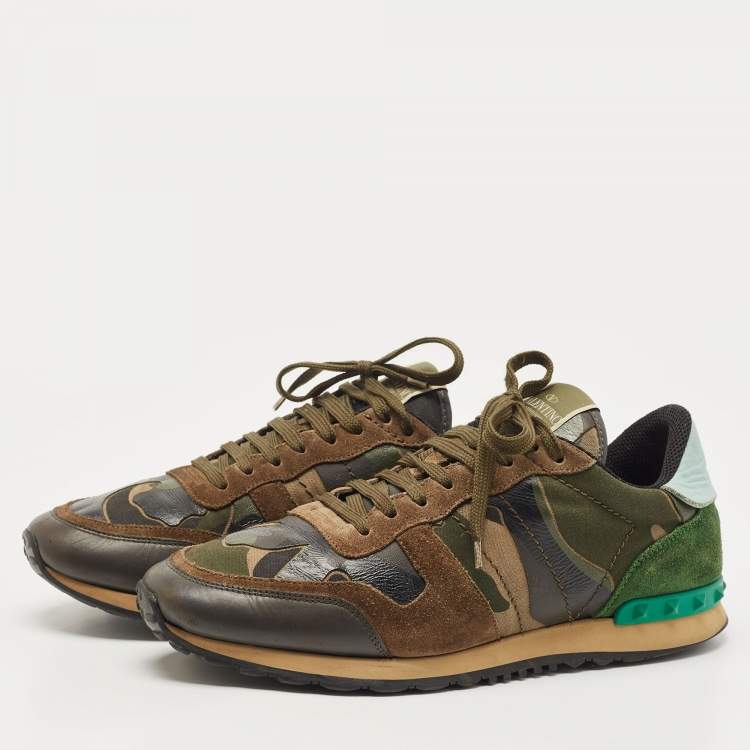 Pre Owned Valentino Tricolor Camo Print Canvas and Leather Rockrunner Sneakers Size 43