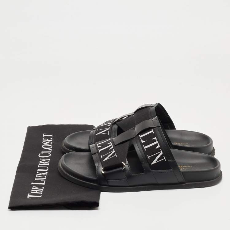 Pre Owned Valentino Black Leather and Canvas VLTN Sandals Size 39