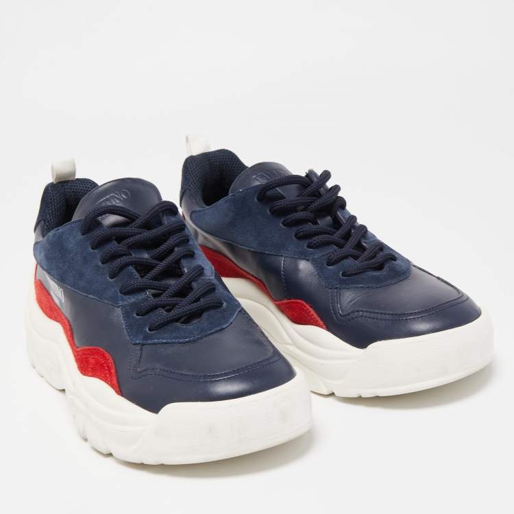 Pre Owned Valentino Blue/Red Suede And Leather Gumboy Low Top Sneakers Size 39