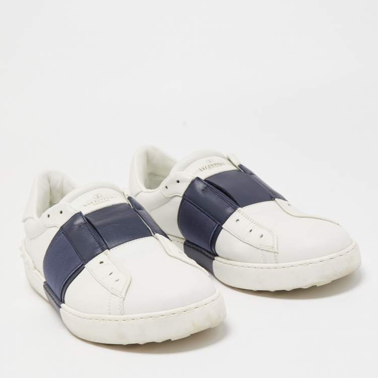 Pre Owned Valentino White/Navy Blue Leather Slip On Sneakers Size 45