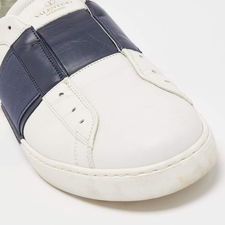 Pre Owned Valentino White/Navy Blue Leather Slip On Sneakers Size 45