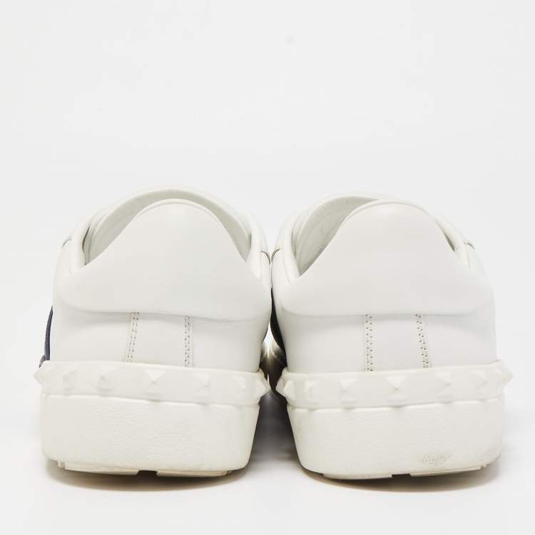 Pre Owned Valentino White/Navy Blue Leather Slip On Sneakers Size 45
