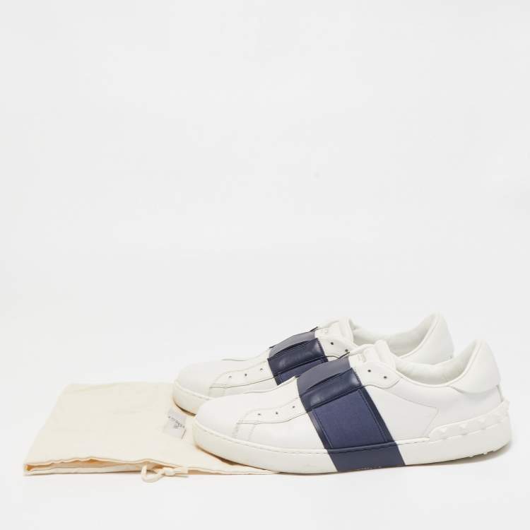 Pre Owned Valentino White/Navy Blue Leather Slip On Sneakers Size 45