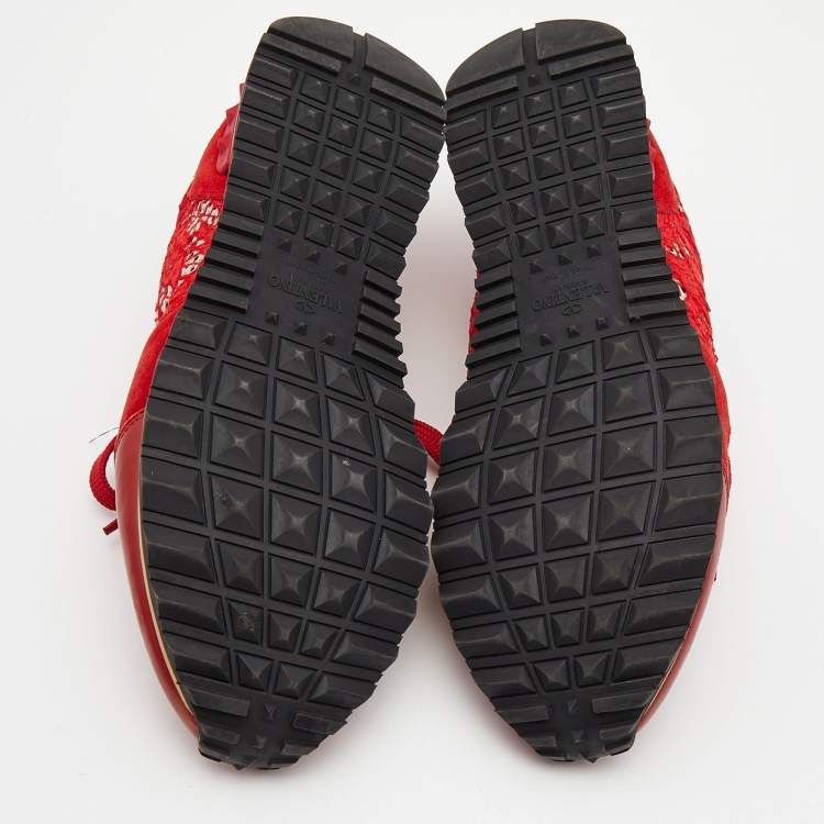 Pre Owned Valentino Red Lace and Suede Rockrunner Low Top Sneakers Size 40