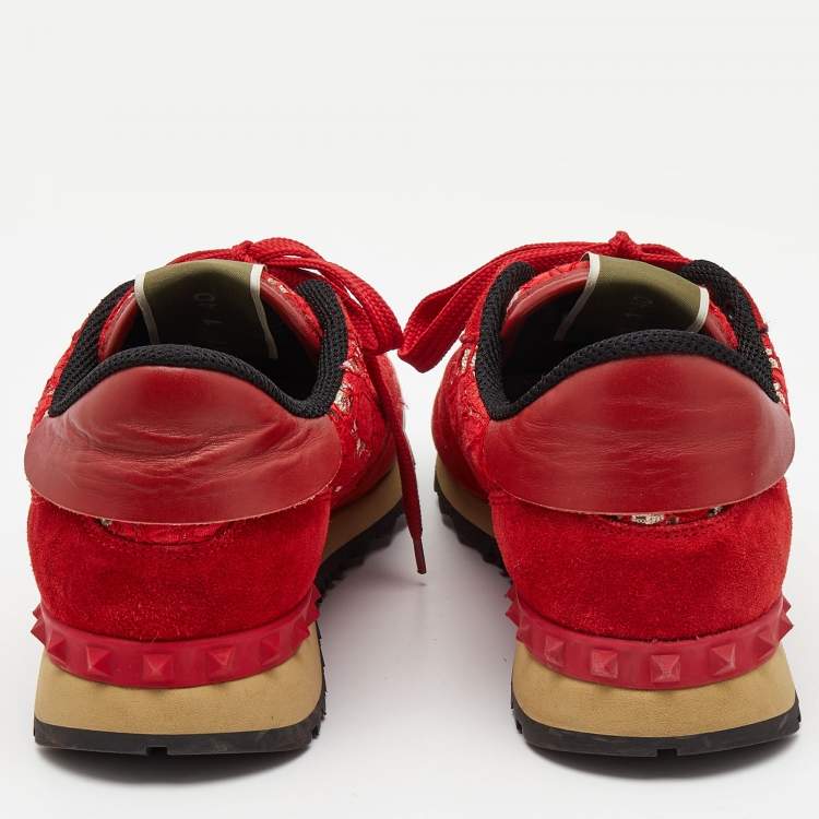 Pre Owned Valentino Red Lace and Suede Rockrunner Low Top Sneakers Size 40