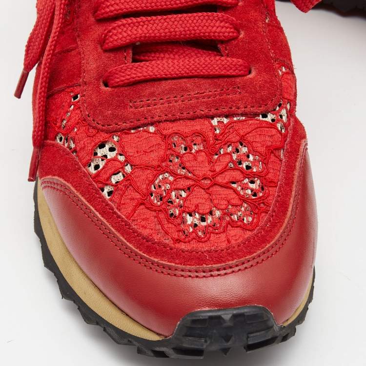 Pre Owned Valentino Red Lace and Suede Rockrunner Low Top Sneakers Size 40