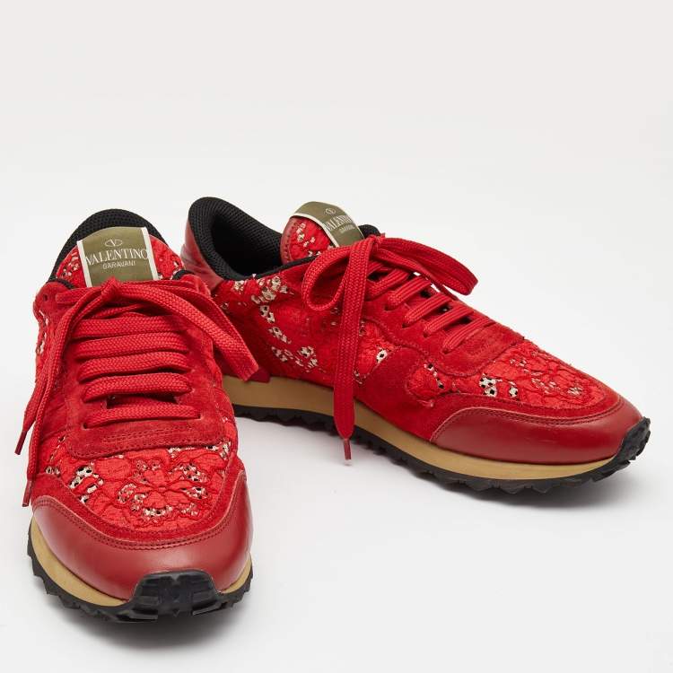 Pre Owned Valentino Red Lace and Suede Rockrunner Low Top Sneakers Size 40
