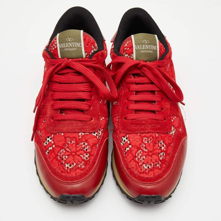 Pre Owned Valentino Red Lace and Suede Rockrunner Low Top Sneakers Size 40