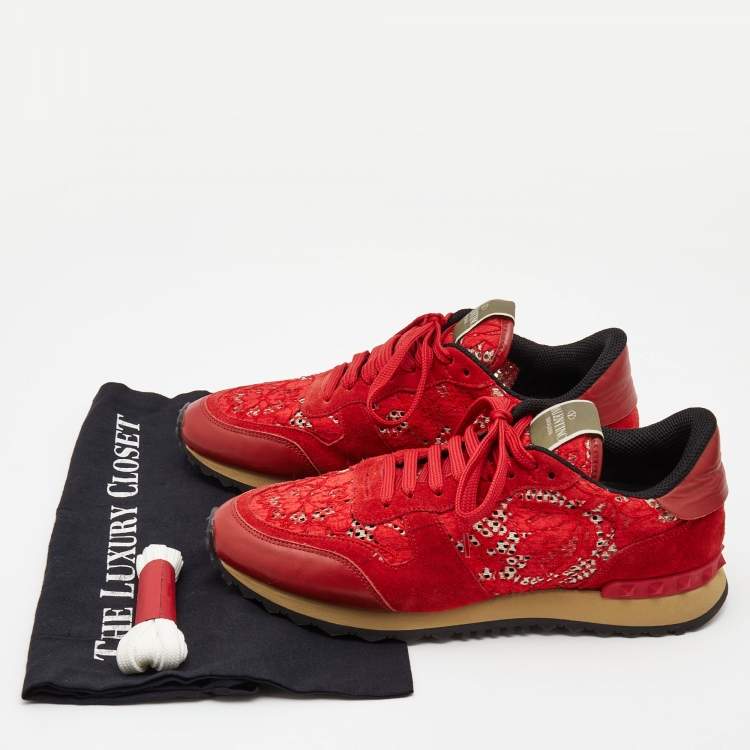 Pre Owned Valentino Red Lace and Suede Rockrunner Low Top Sneakers Size 40