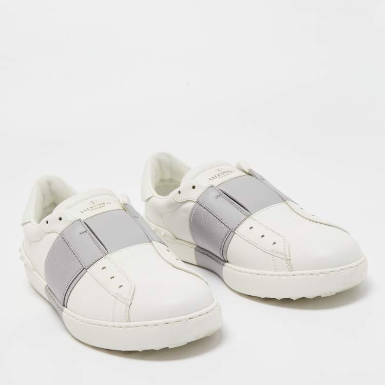 Pre Owned Valentino White/Grey Leather Rockstud Slip On Sneakers Size 45