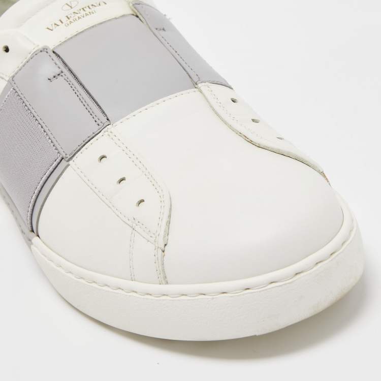 Pre Owned Valentino White/Grey Leather Rockstud Slip On Sneakers Size 45