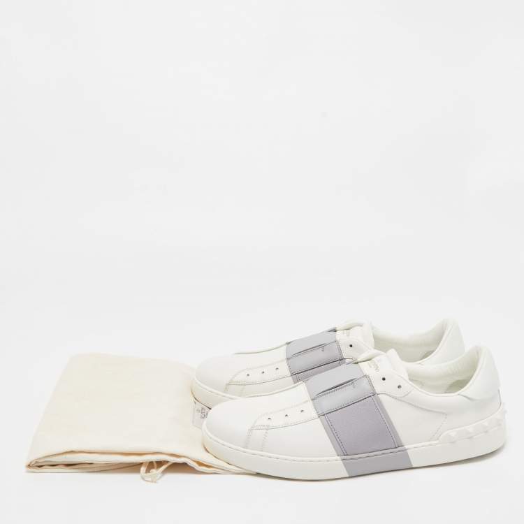 Pre Owned Valentino White/Grey Leather Rockstud Slip On Sneakers Size 45