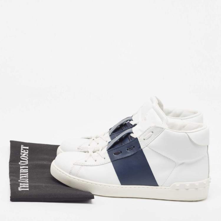 Pre Owned Valentino White/Navy Blue Leather Open High Sneakers Size 43