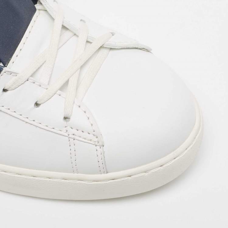 Pre Owned Valentino White/Navy Blue Leather Open High Sneakers Size 43