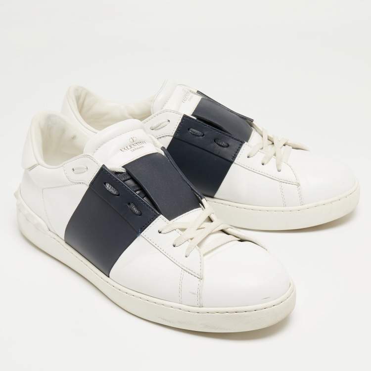 Pre Owned Valentino White/Blue Leather Open Stud Lace Up Sneakers Size 45