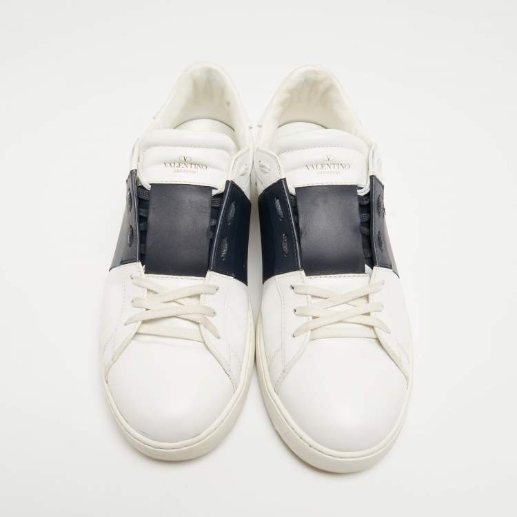 Pre Owned Valentino White/Blue Leather Open Stud Lace Up Sneakers Size 45