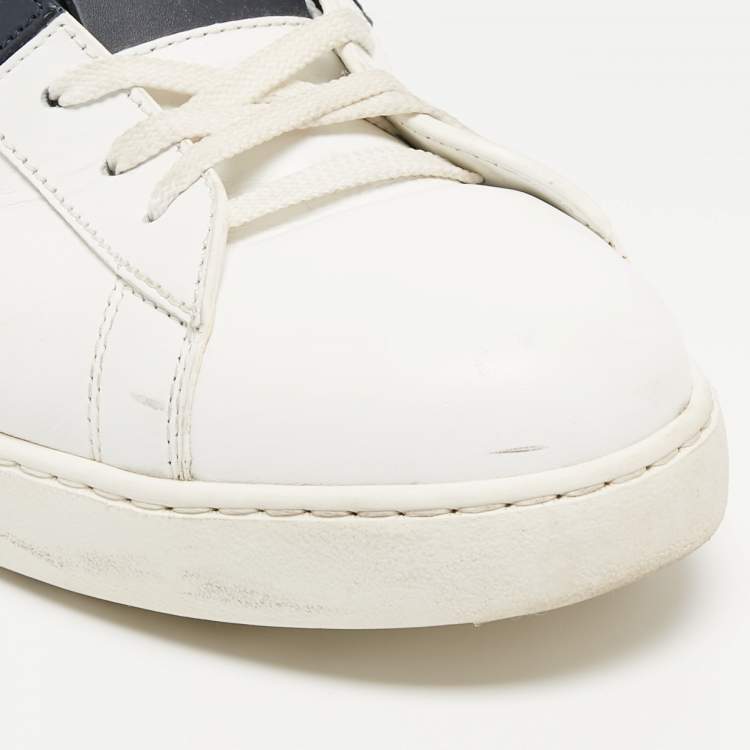 Pre Owned Valentino White/Blue Leather Open Stud Lace Up Sneakers Size 45