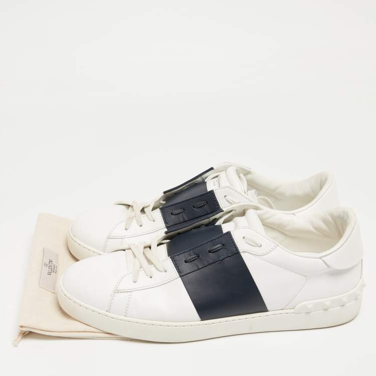Pre Owned Valentino White/Blue Leather Open Stud Lace Up Sneakers Size 45
