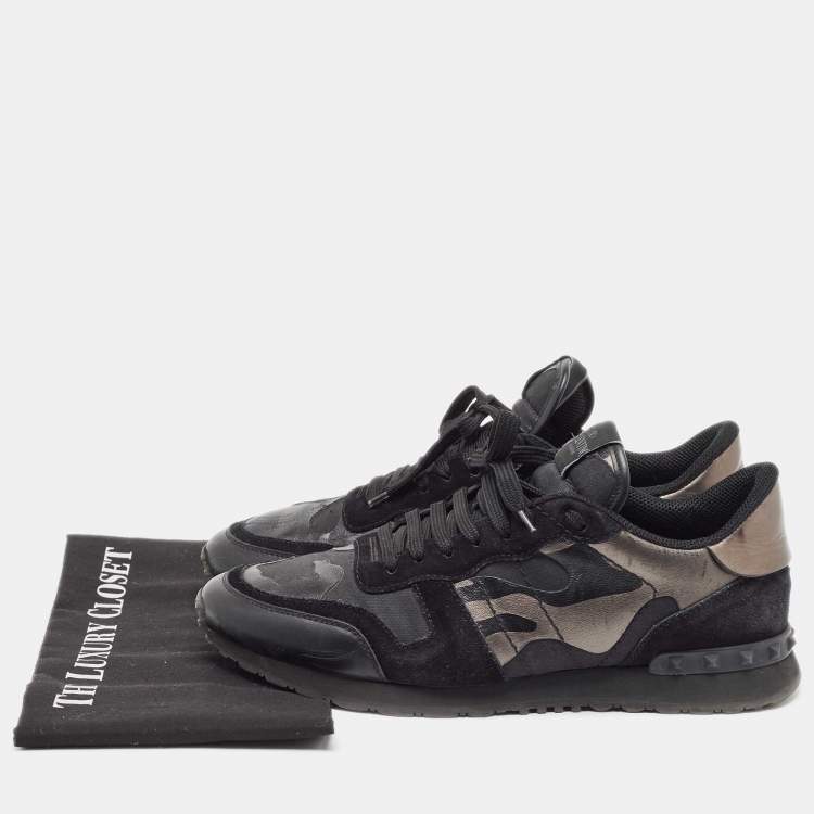 Pre Owned Valentino Black/Metallic Leather and Suede Rockrunner Sneakers Size 43 