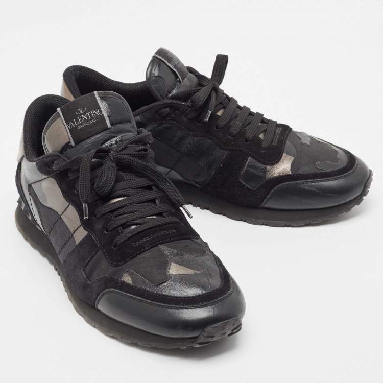 Pre Owned Valentino Black/Metallic Leather and Suede Rockrunner Sneakers Size 43 