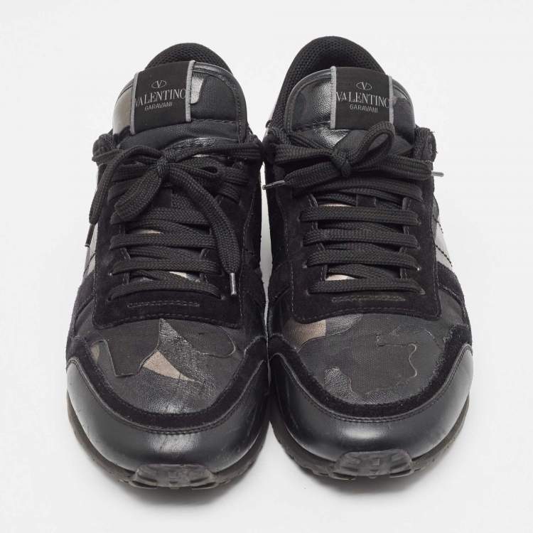 Pre Owned Valentino Black/Metallic Leather and Suede Rockrunner Sneakers Size 43 